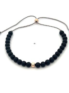 14k Solid Gold 4mm Natural Gemstones Matte Onyx Adjustable Slider Bracelet 5-9"